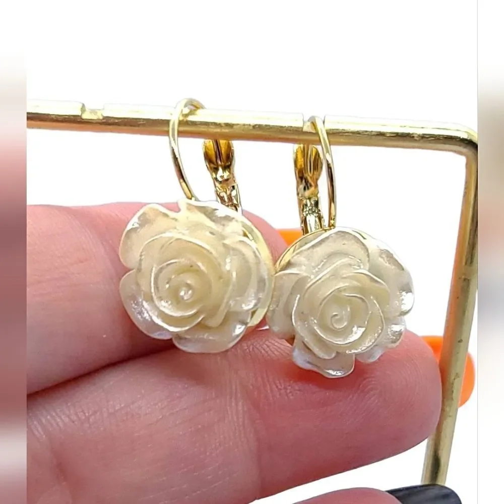 Ivory Camellia Rose Flower Earrings Gold Leverback Bridal Wedding Romantic Glam